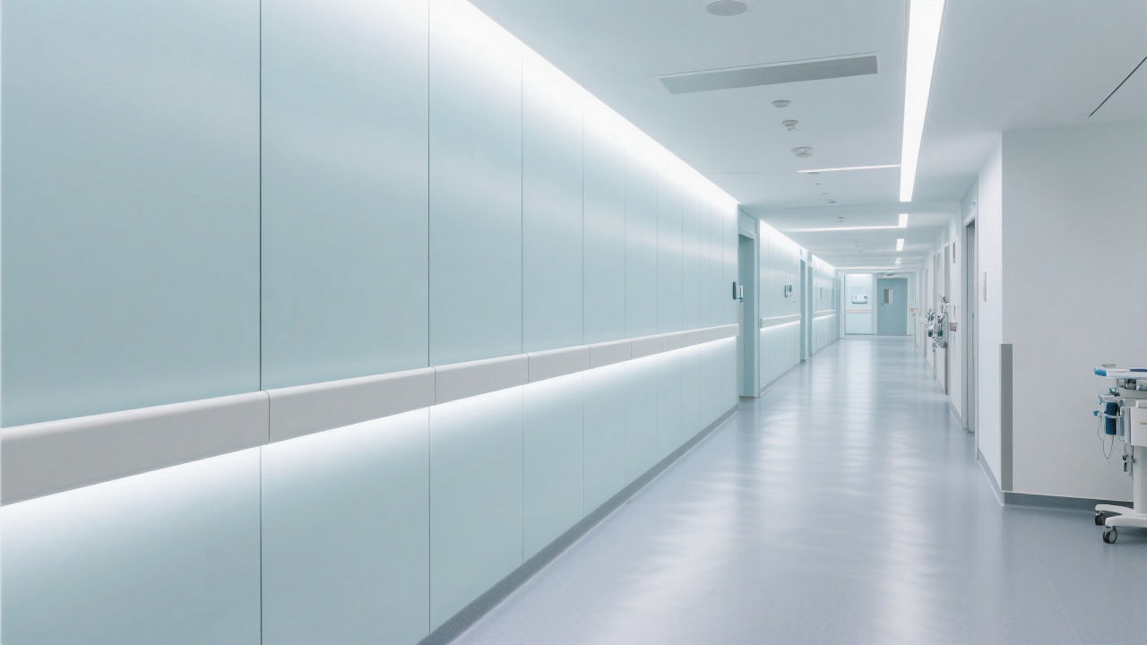 Modern hospital corridor with ENF-grade anti-collision wall panels.