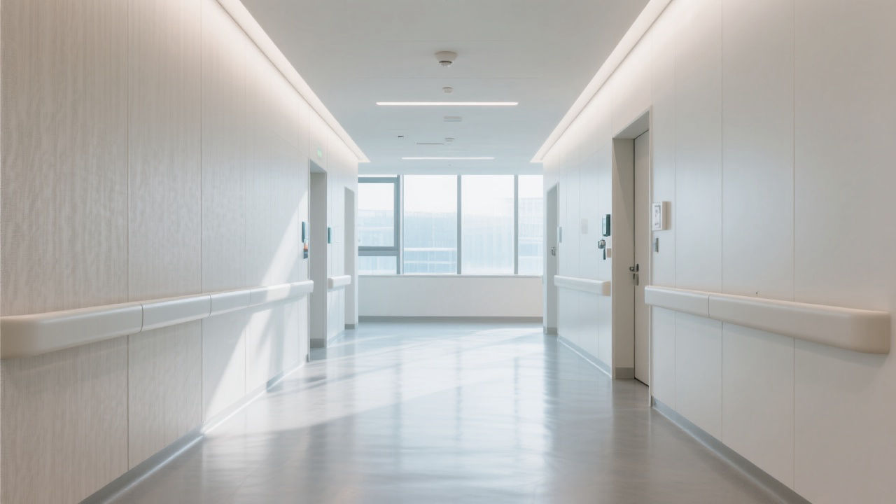 Modern hospital corridor with anti-collision wall panels.