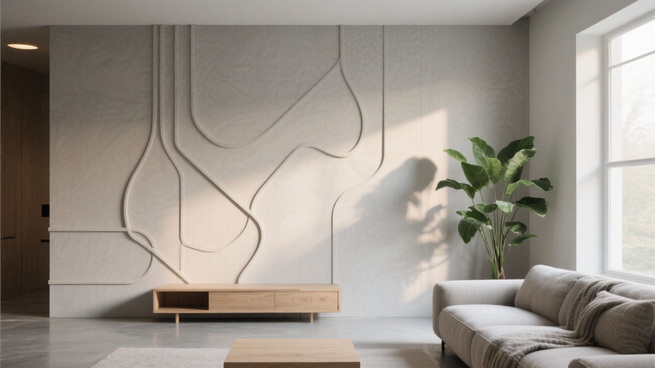 Modern living room with foam ceramic decorative lines.