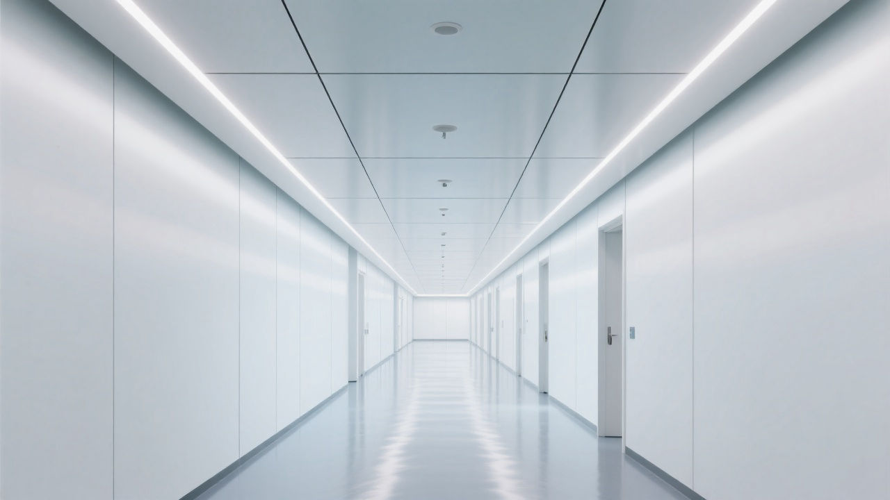 Modern medical corridor with seamless aluminum ceiling.