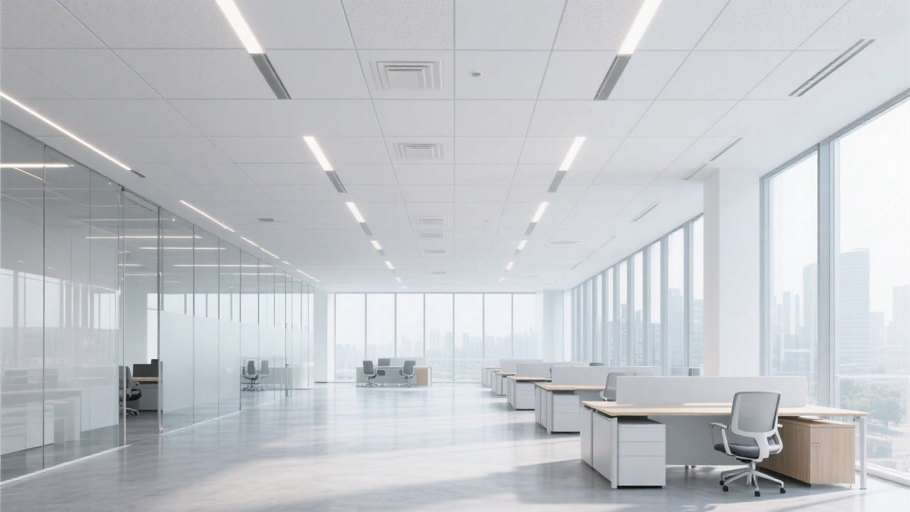 Modern office with fire-rated ceiling.