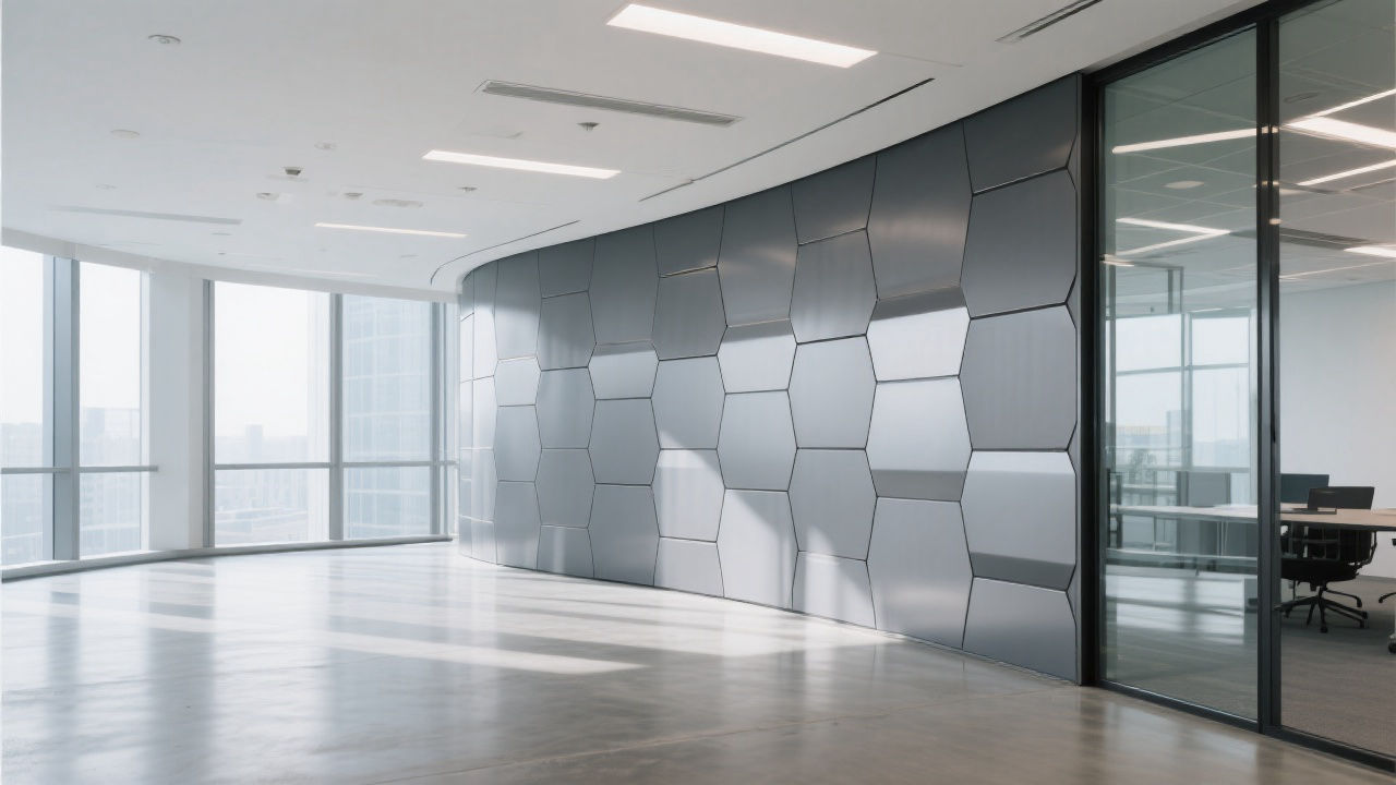 Modern office with honeycomb aluminum wall.
