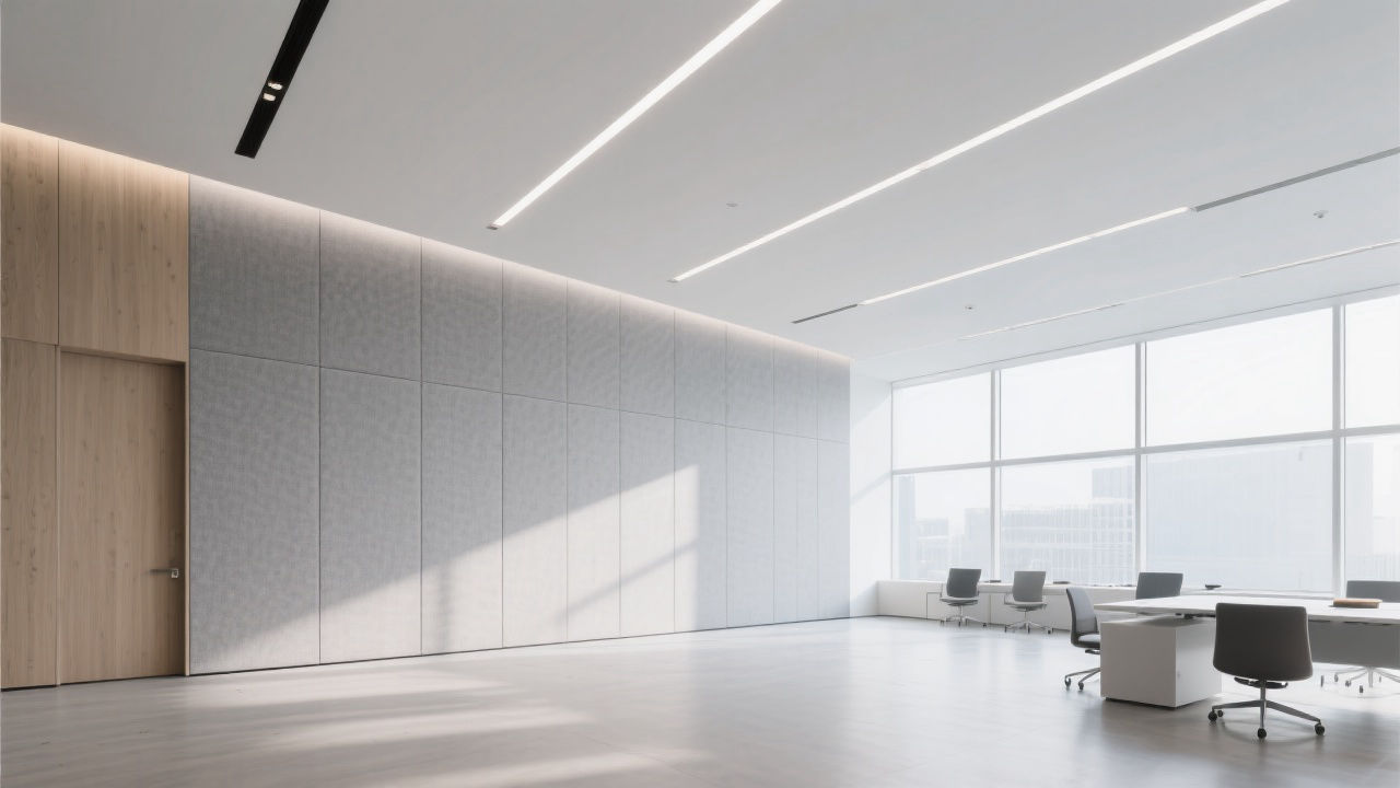 Modern open office with acoustic panels.
