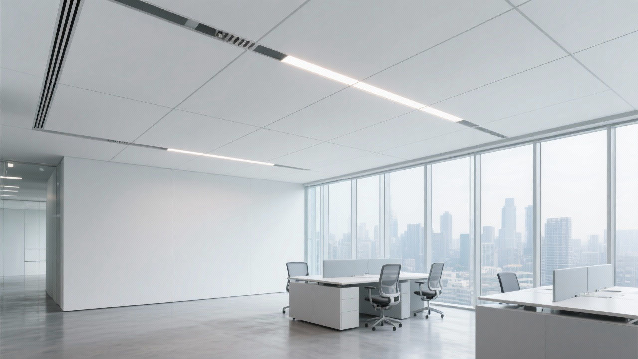 Modern office interior with hook-on ceiling.