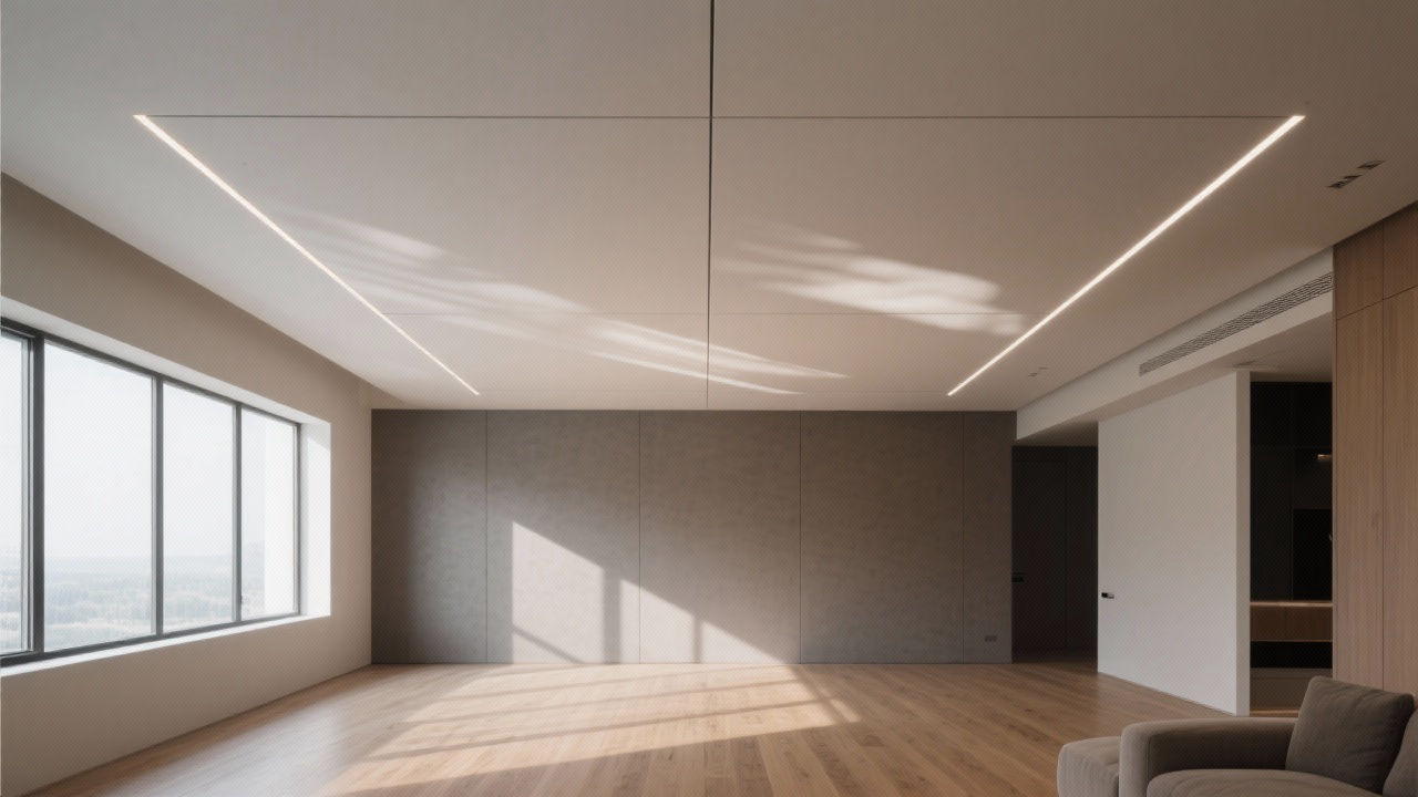 Modern living room with seamless ceiling panels.