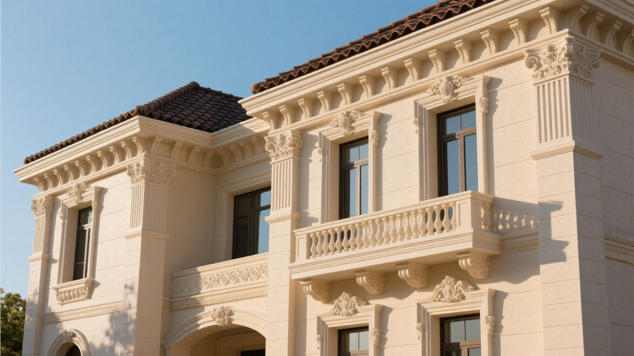 Elegant European villa facade with EPS moldings