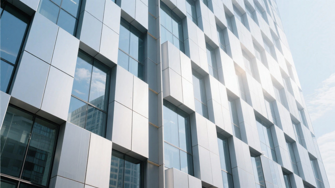 Modern building facade with honeycomb aluminum panels.