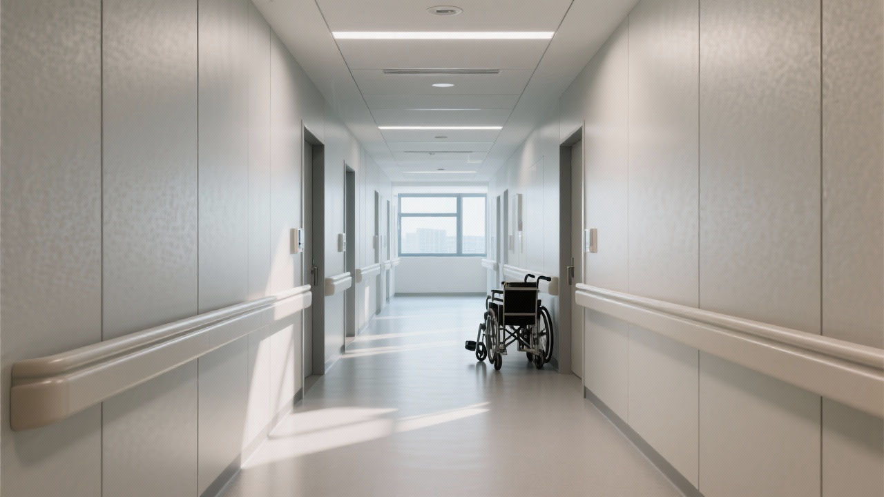 Hospital corridor with anti-collision panels.