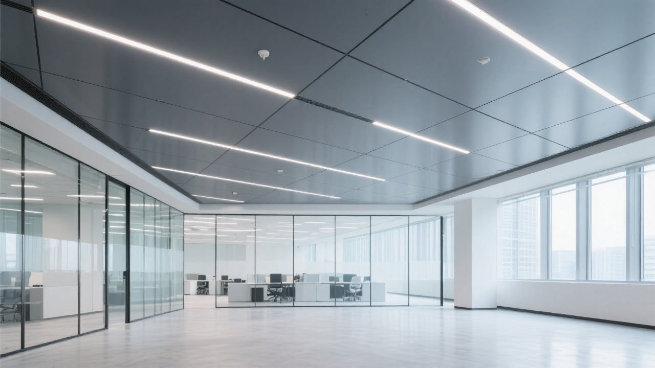 Modern office with seamless aluminum ceiling.