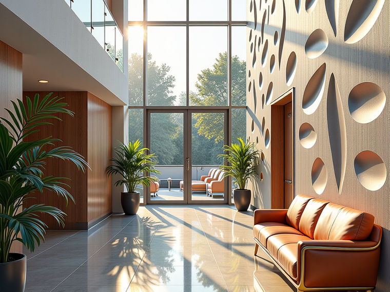 Modern building facade with aluminum 3D panels.