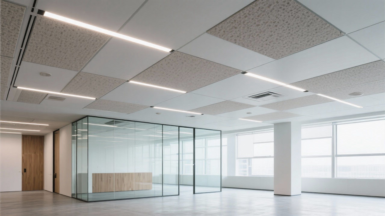 Modern office ceiling with integrated lighting