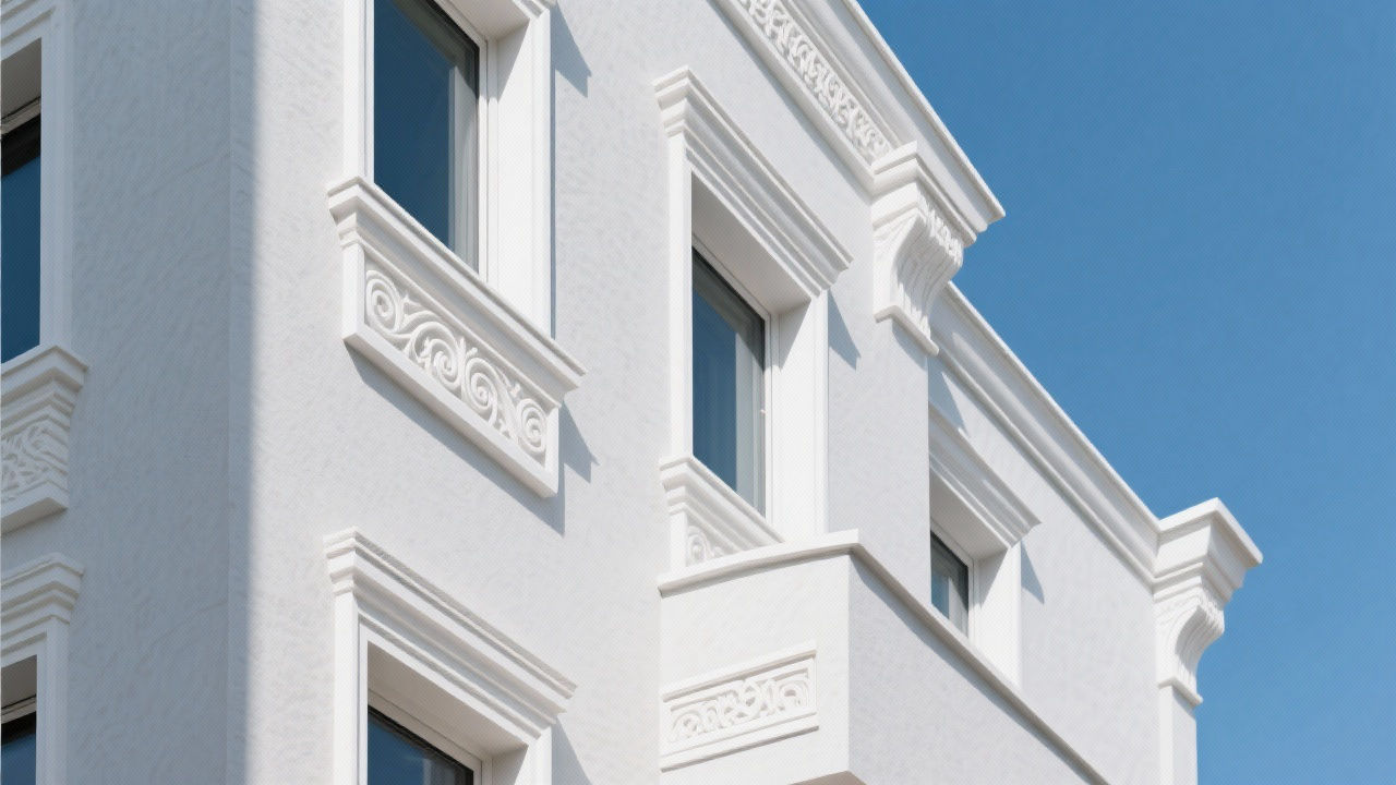 Modern building facade with white EPS decorative lines.