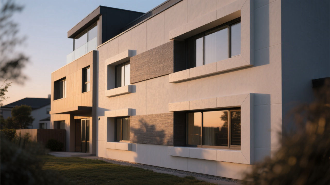Modern building with ceramic exterior moldings.