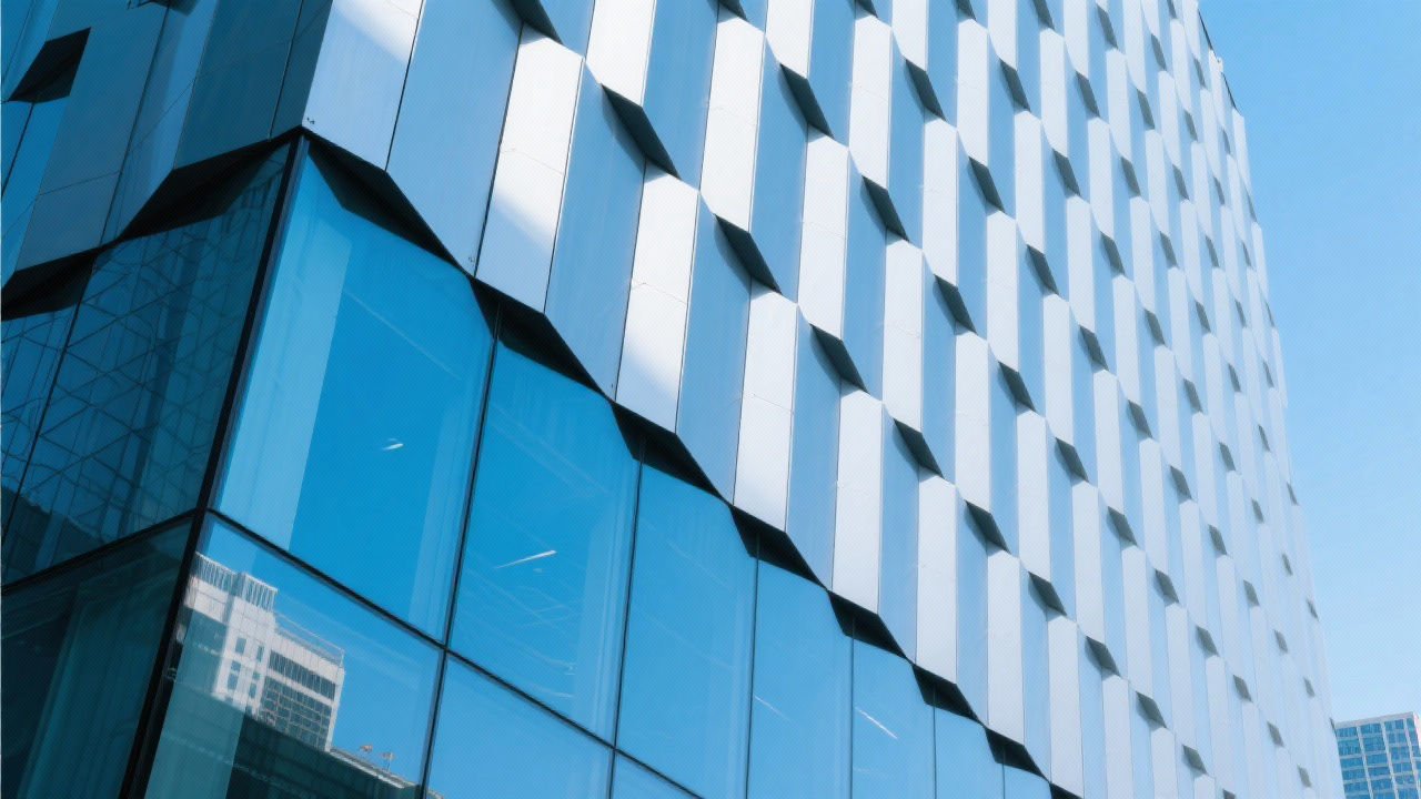 Modern building with frameless aluminum honeycomb facade.