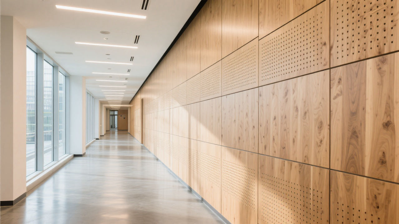 Modern commercial corridor with wood acoustic panels
