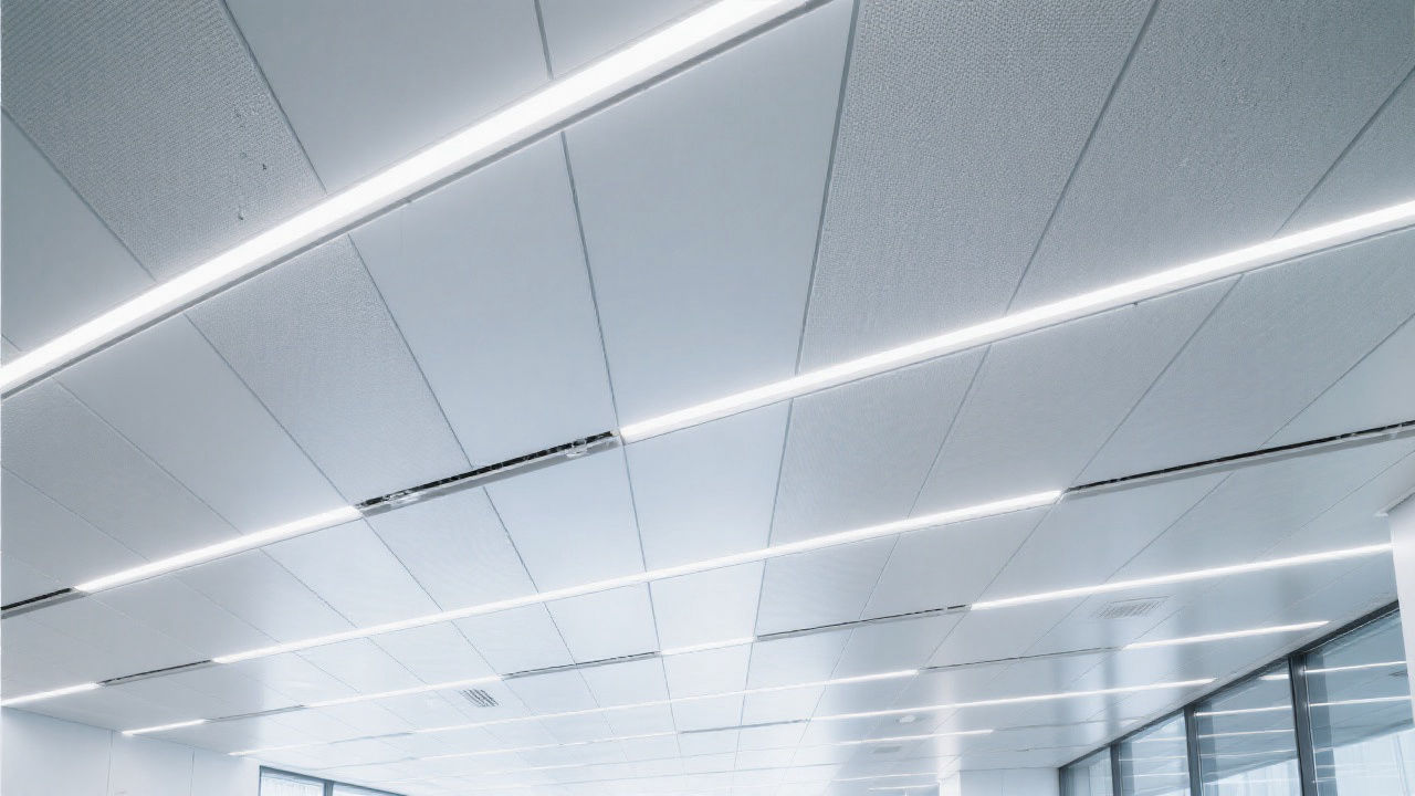 Modern commercial interior, aluminum ceiling.