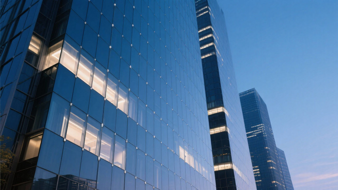 Modern high-rise facade with honeycomb panels.