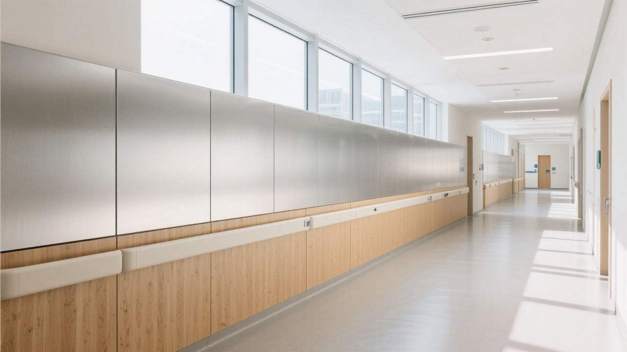 Modern hospital corridor with anti-collision wall panels