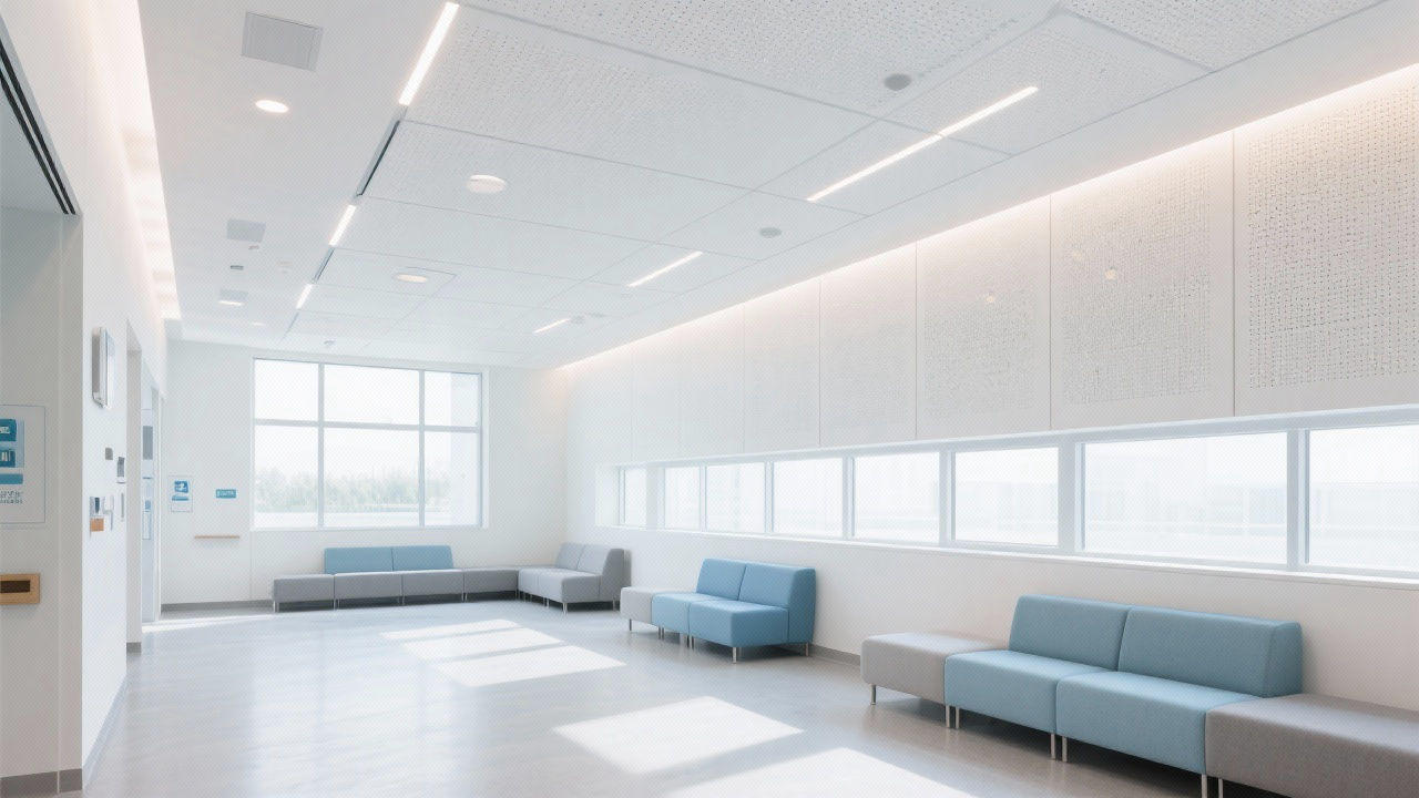 Modern hospital waiting area with acoustic honeycomb panels.