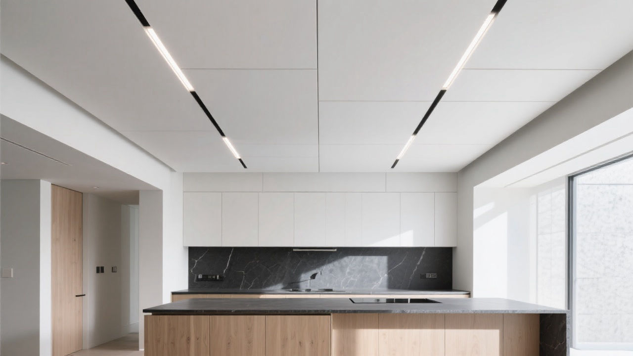 Modern kitchen with integrated ceiling panels.