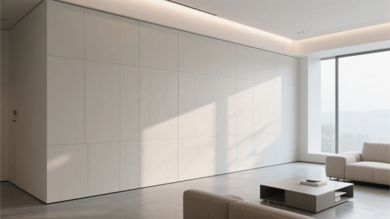 Modern living room with light wall panels.