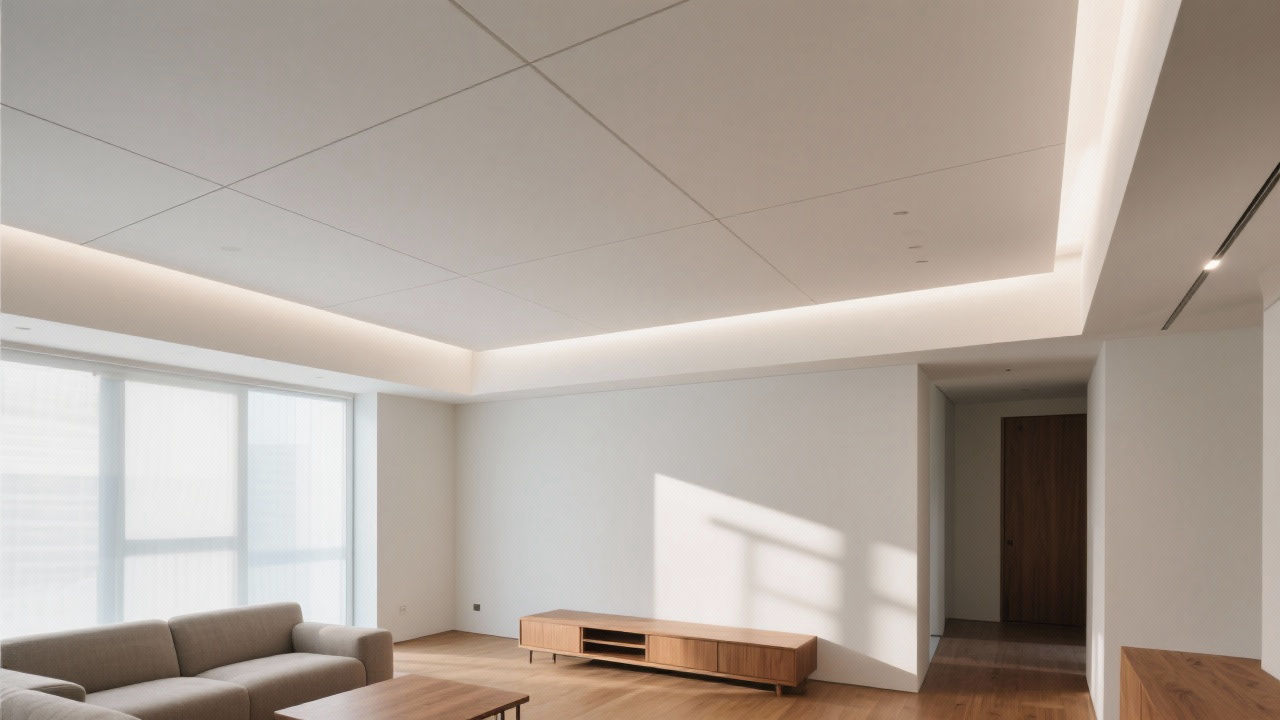 Modern living room with minimalist gypsum ceiling.