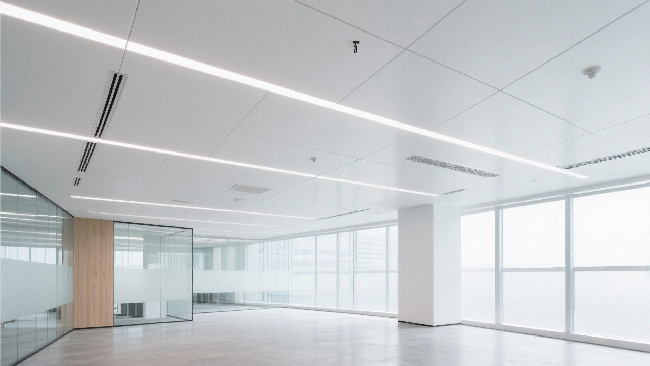Modern office interior with seamless aluminum hook-on ceiling.