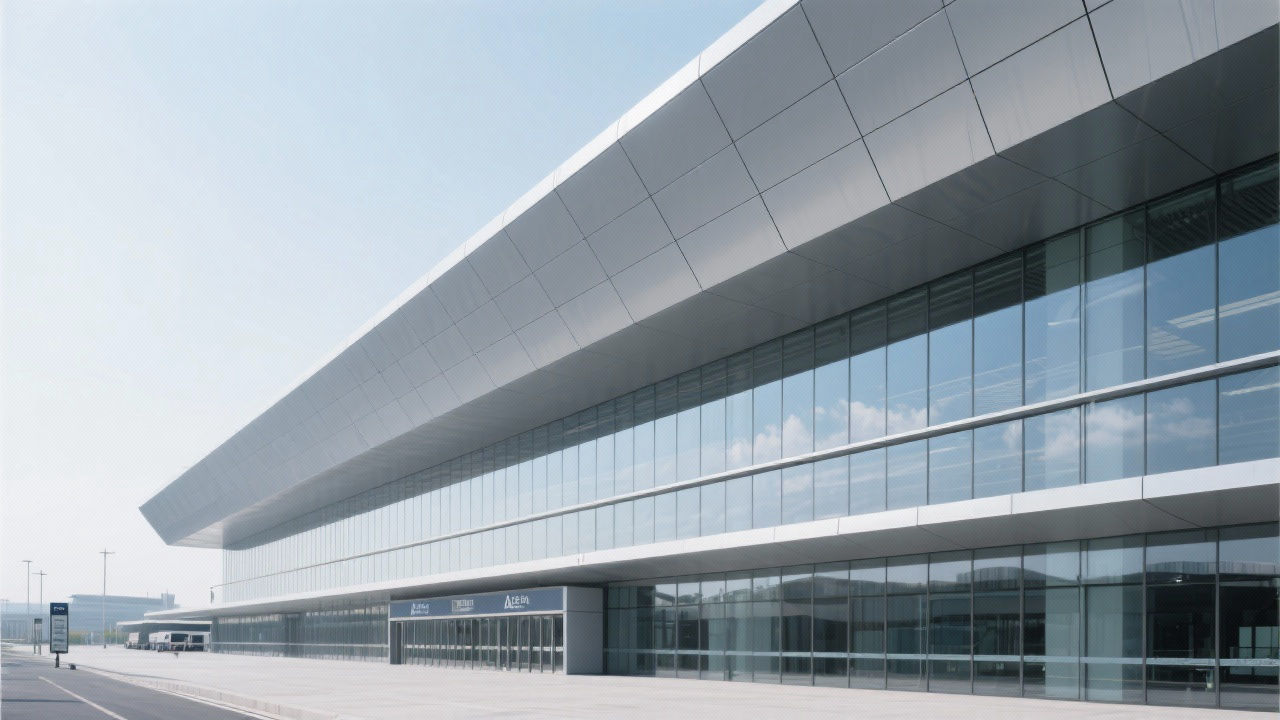 详细阐述A2级防火复合铝板(A2 Fire-rated Aluminum Composite Panel, A2 FR ACP)的精确定义,强调其在欧洲防火标准EN 13501-1中的A2-s1, d0等级,这意味着其不燃性、极低的烟雾产生量和无滴落物。深入探讨其独特的层压结构:两层铝板夹着一层无机矿物芯材。重点解析这种芯材如何赋予板材卓越的防火性能,并与传统B级或C级复合板进行对比,突出A2级的安全性。同时,提及其轻质、高强度、易加工和耐候性等其他综合优势,为后续章节的应用奠定基础。 Modern transportation hub exterior.