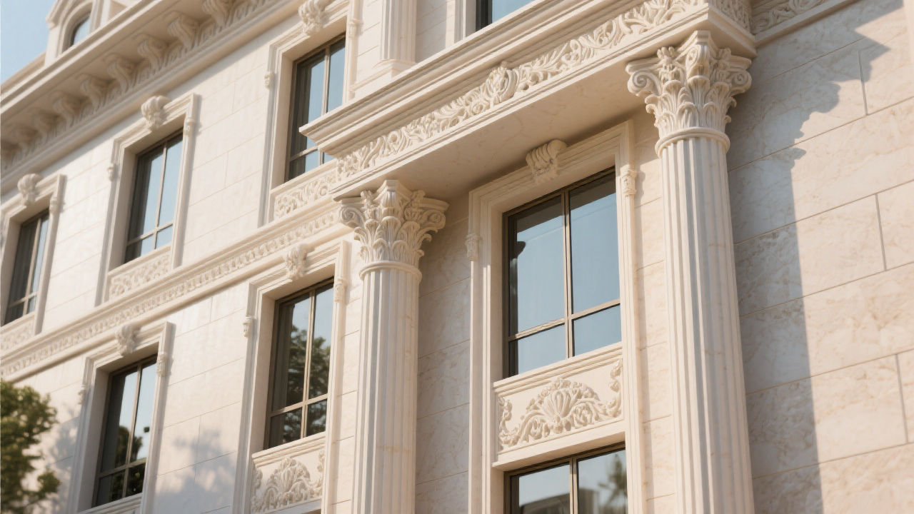 Ornate GRC lines on European facade.