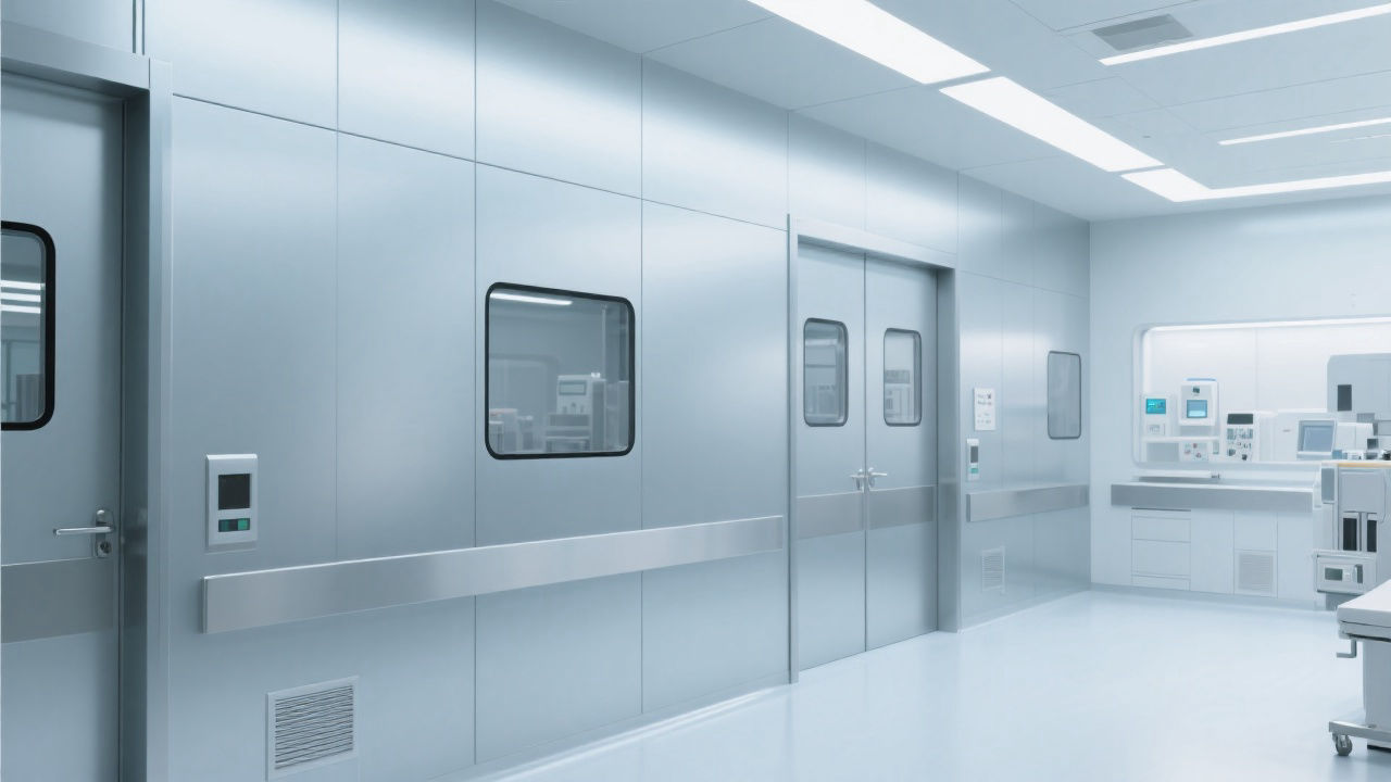 Modern medical clean room with steel wall panels.