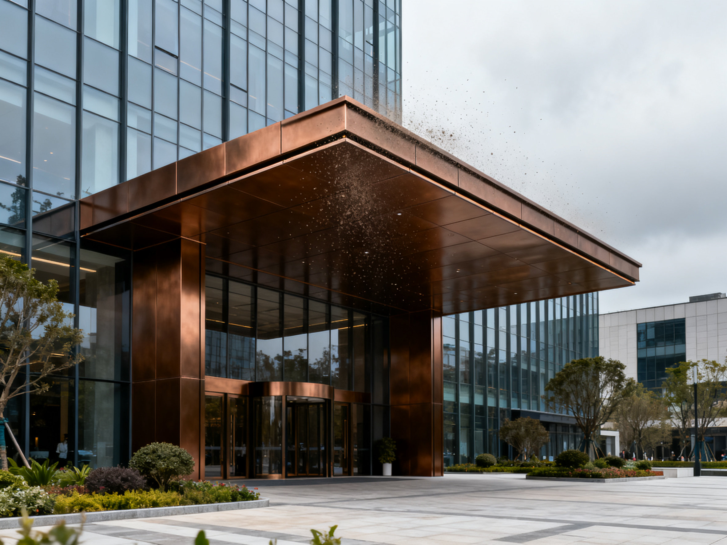 Bronze aluminum canopy with dust particles in air