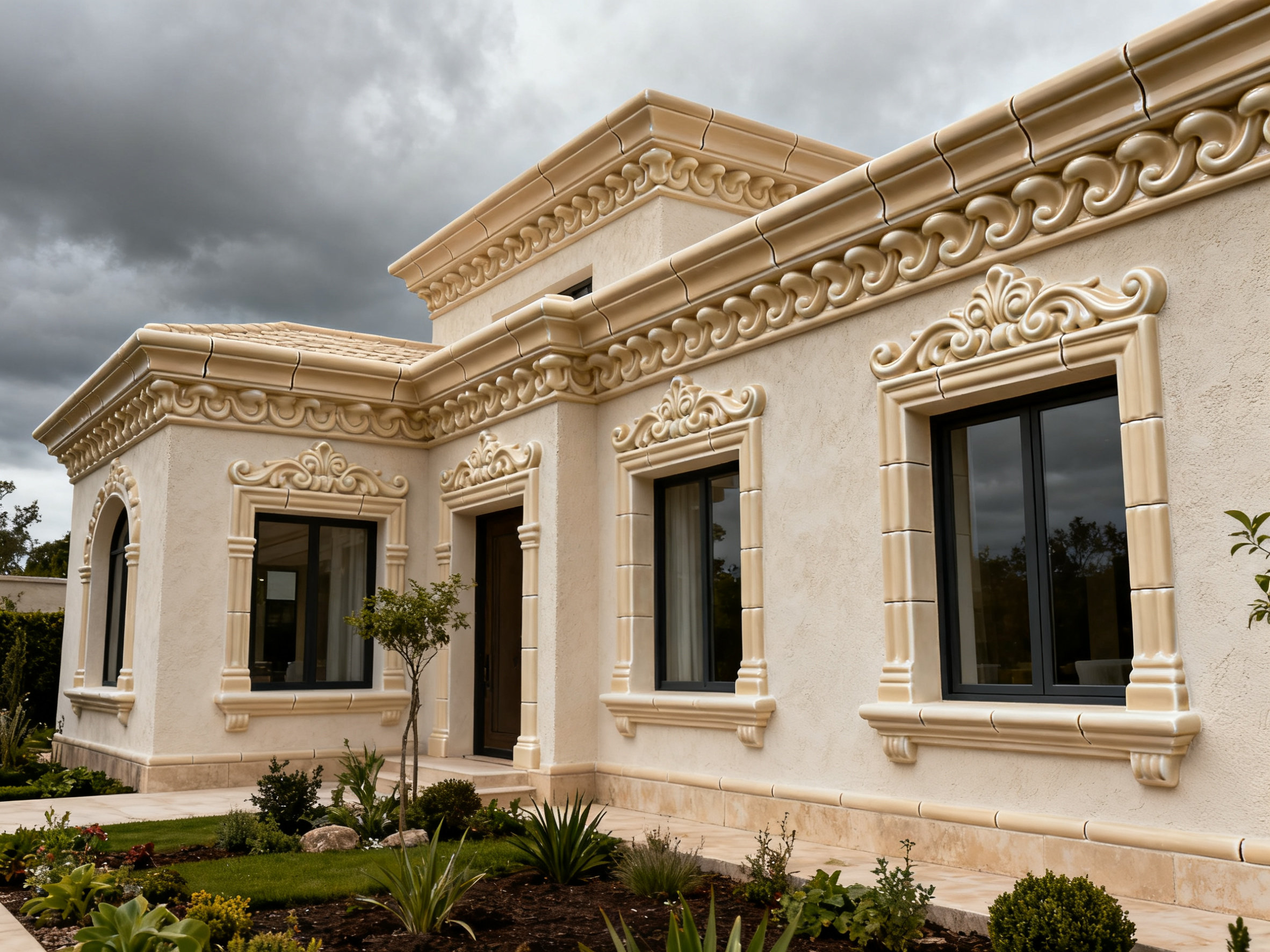 Beige ceramic moldings on villa, overcast day view