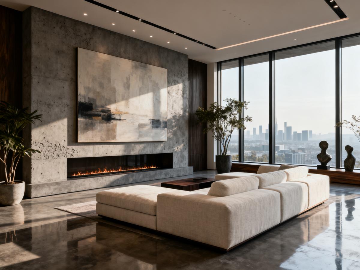 Minimalist living room, urban view.
