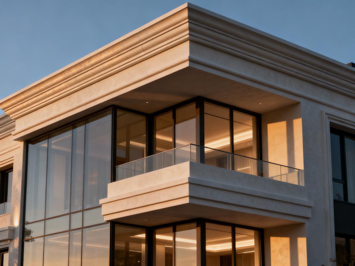 Modern building exterior with GRC cornices