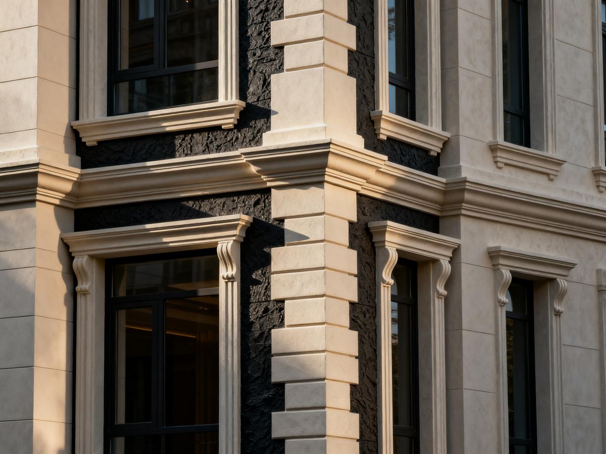 Modern building facade with GRC decorative lines