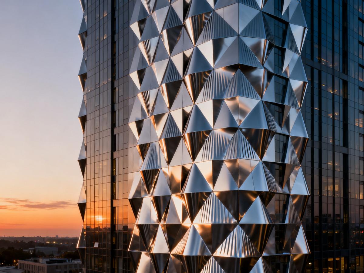 Modern building facade with aluminum 3D panels.