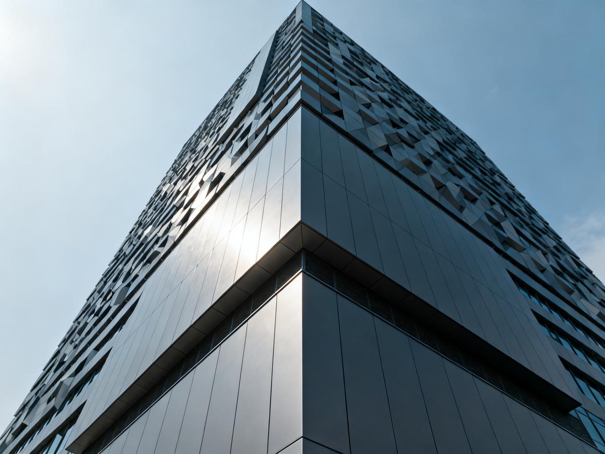 Modern building facade with honeycomb aluminum panels