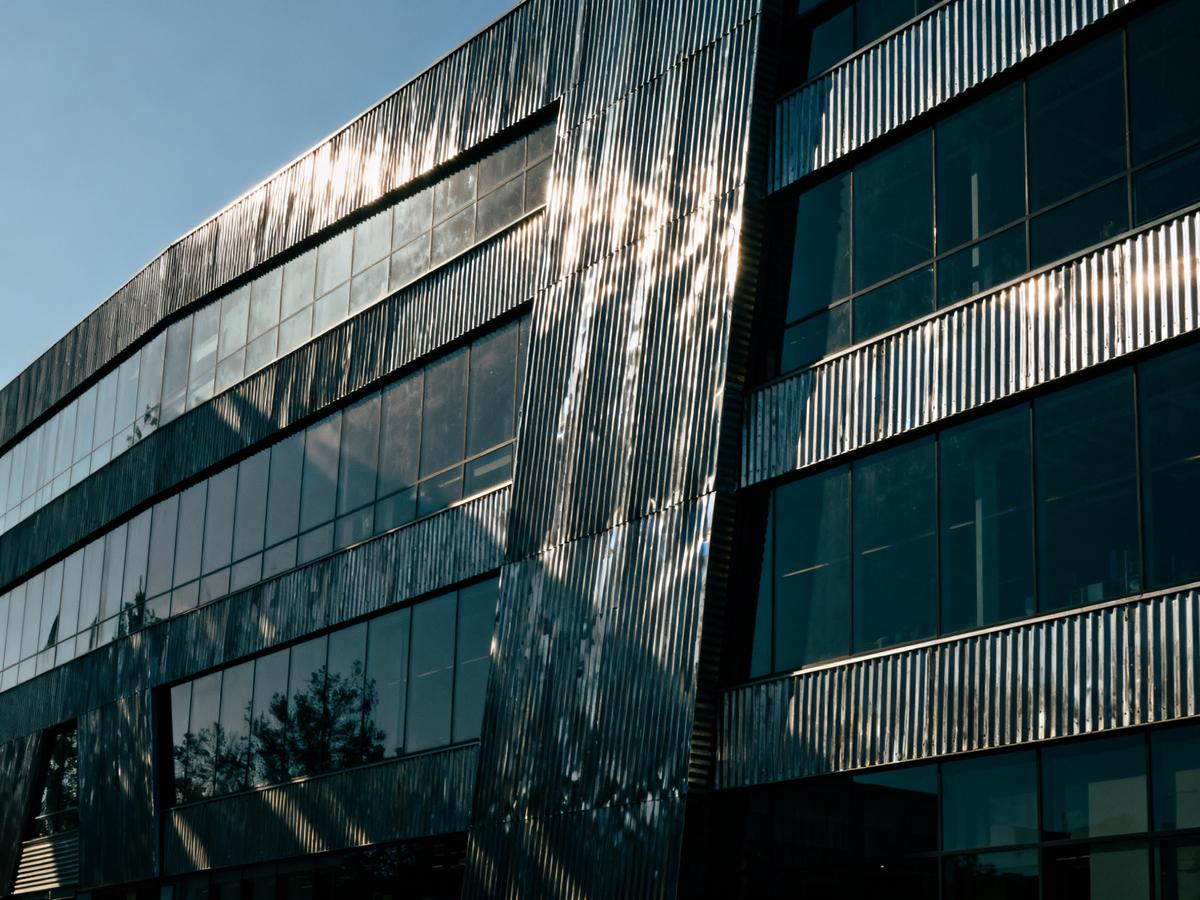 Modern building facade with steel corrugated panels.