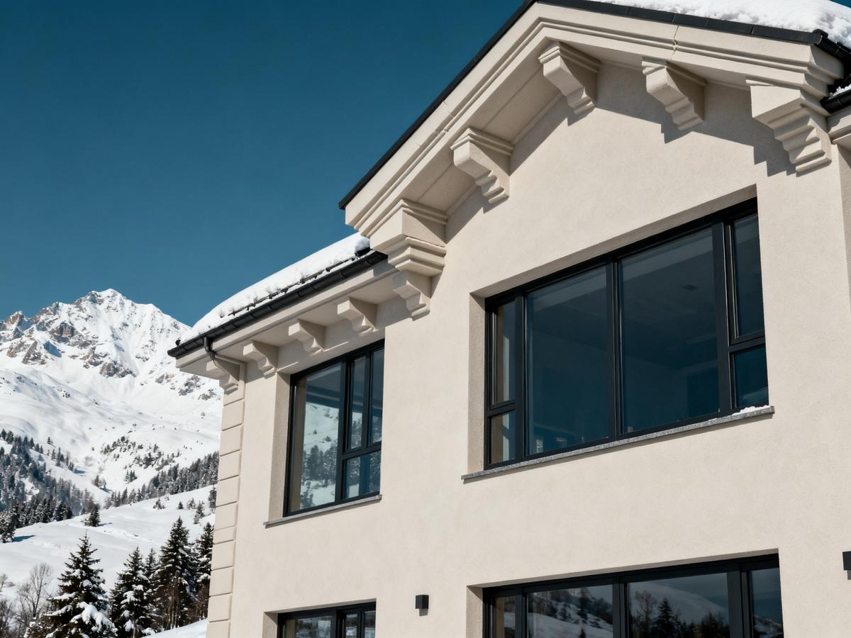 Modern building with EPS moldings in snow.