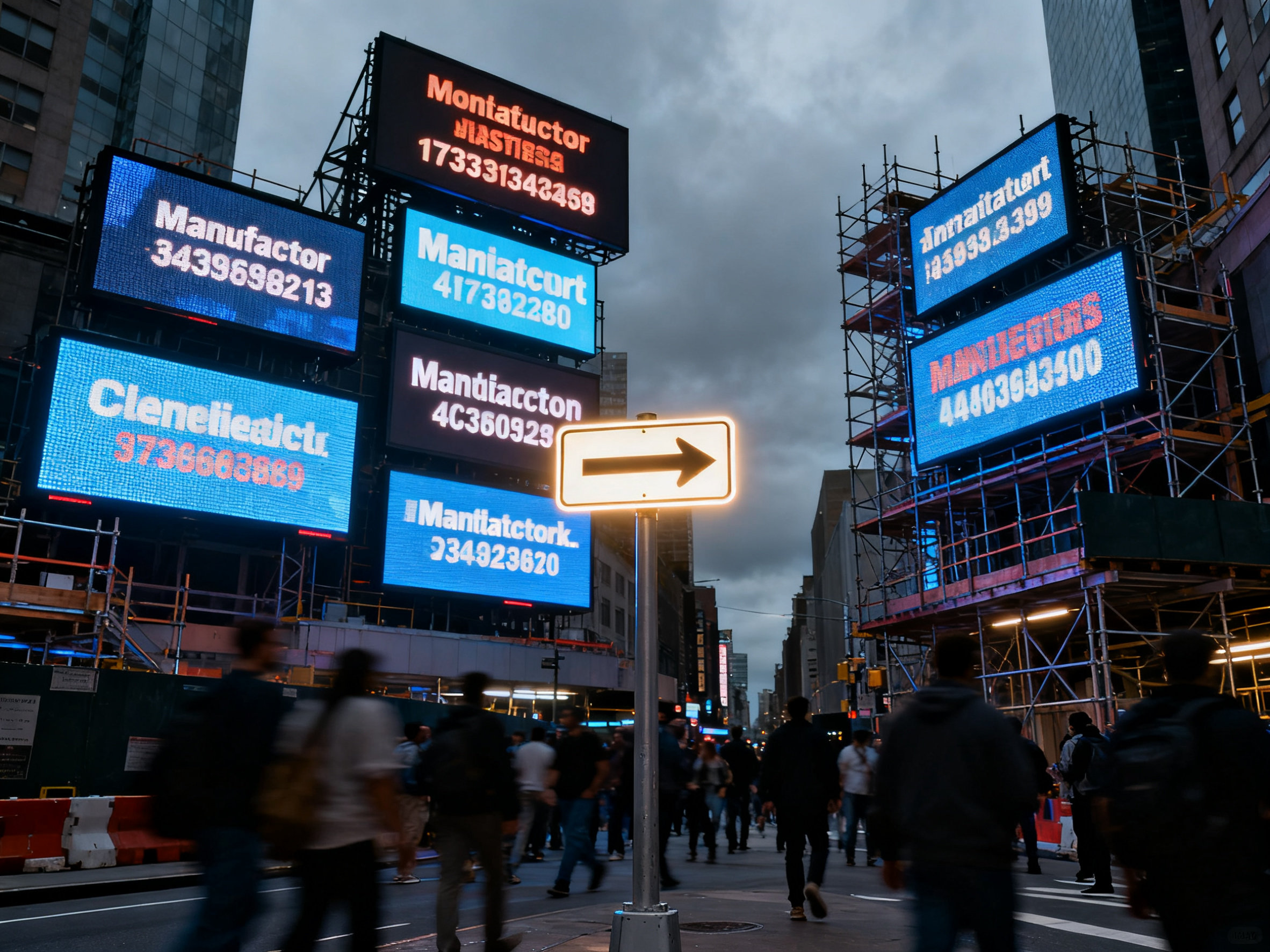 Crowded street with glowing sign amid digital chaos