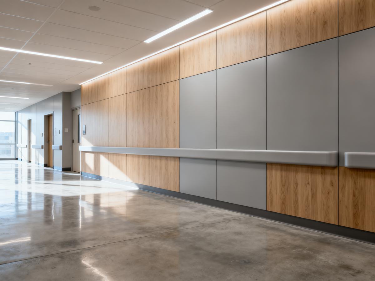 Modern hospital corridor with anti-collision wall panels.