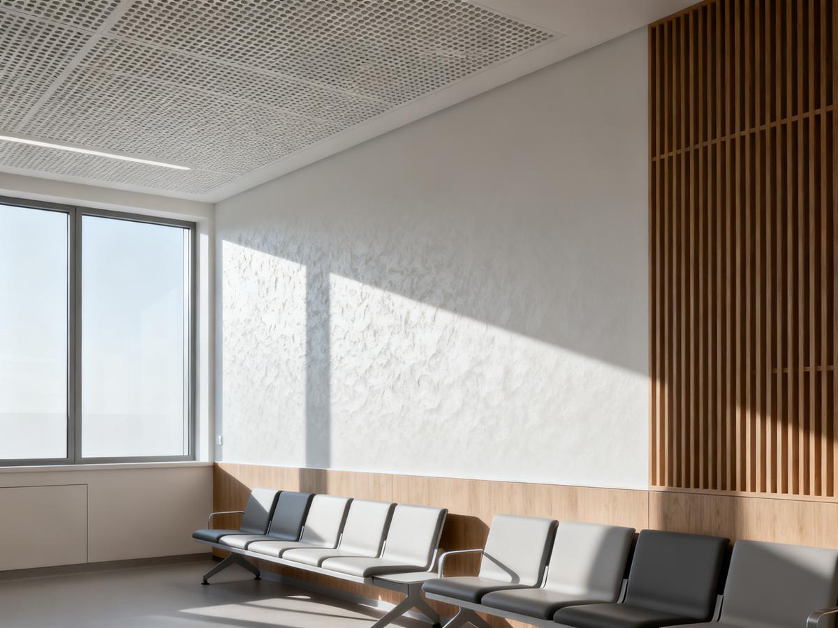 Modern hospital waiting area with sound-absorbing ceiling panels.