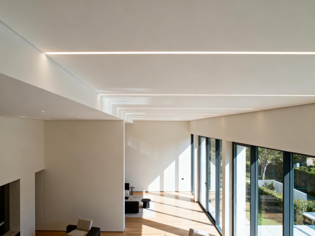 Modern living room with minimalist fire-resistant ceiling.