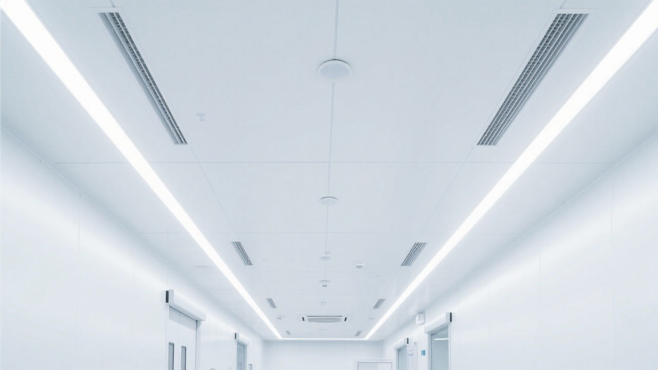 Modern medical clean room interior with antibacterial aluminum alloy ceiling.