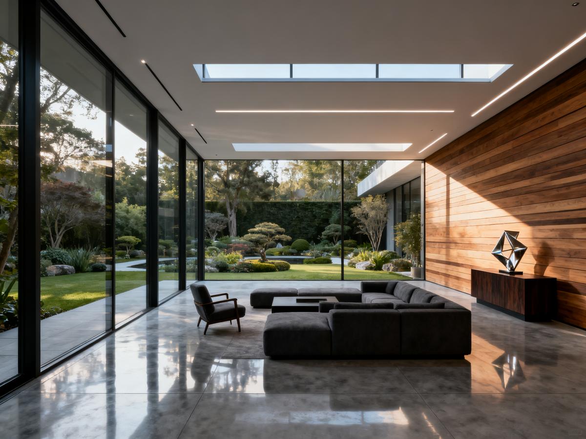Modern minimalist living room, nature view