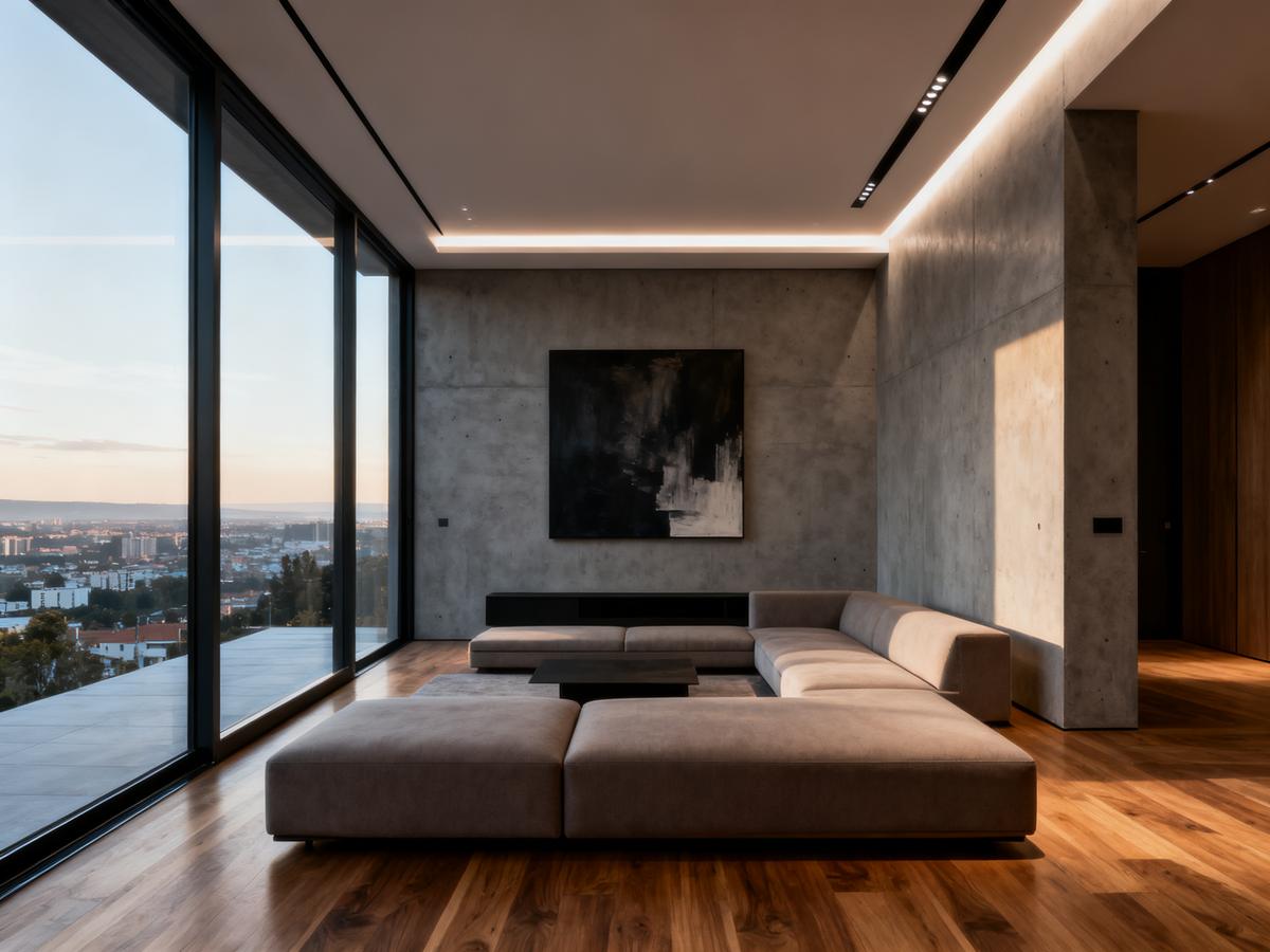 Modern minimalist living room with city view