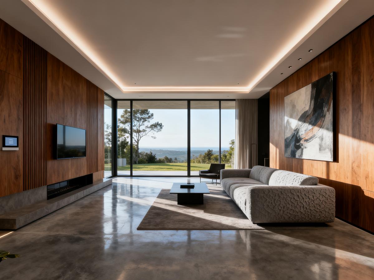 Modern minimalist living room with natural light