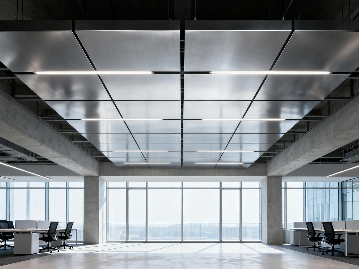 Modern office ceiling with metallic panels