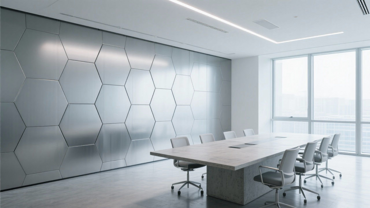 Modern office interior with steel honeycomb acoustic wall panels.