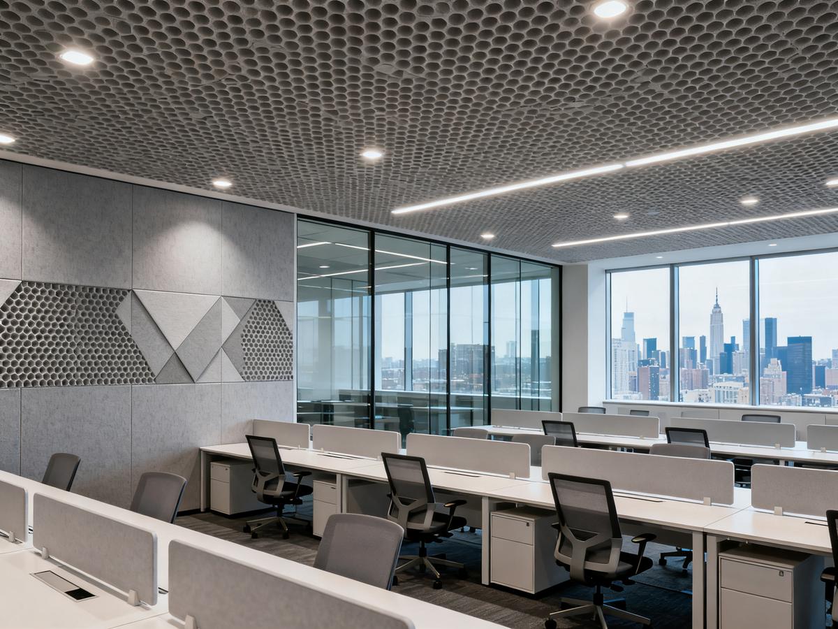 Modern office with acoustic honeycomb panels.